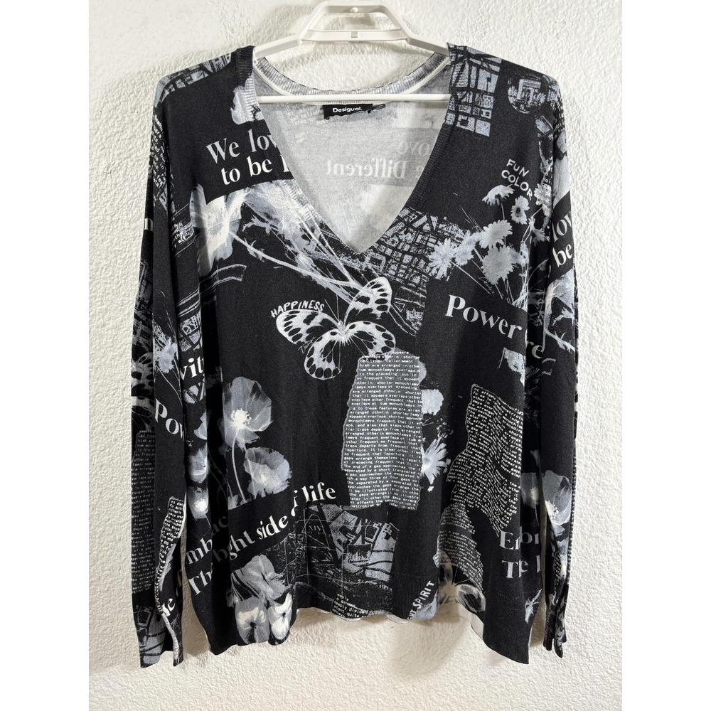 Desigual‎ Sweater Womens XXL Black Butterfly Floral Graphic V Neck Pullover